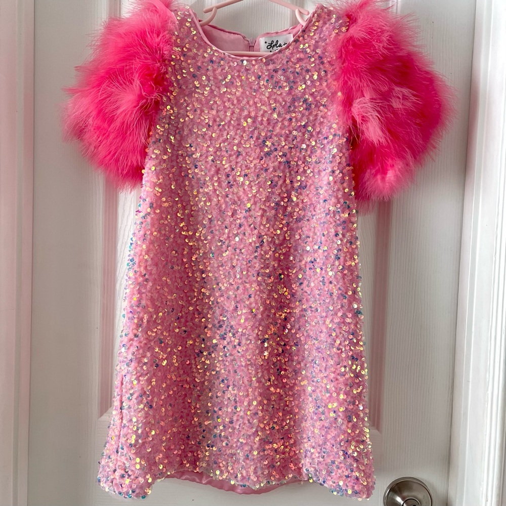 Pink Sequin Dress with Feather Sleeves